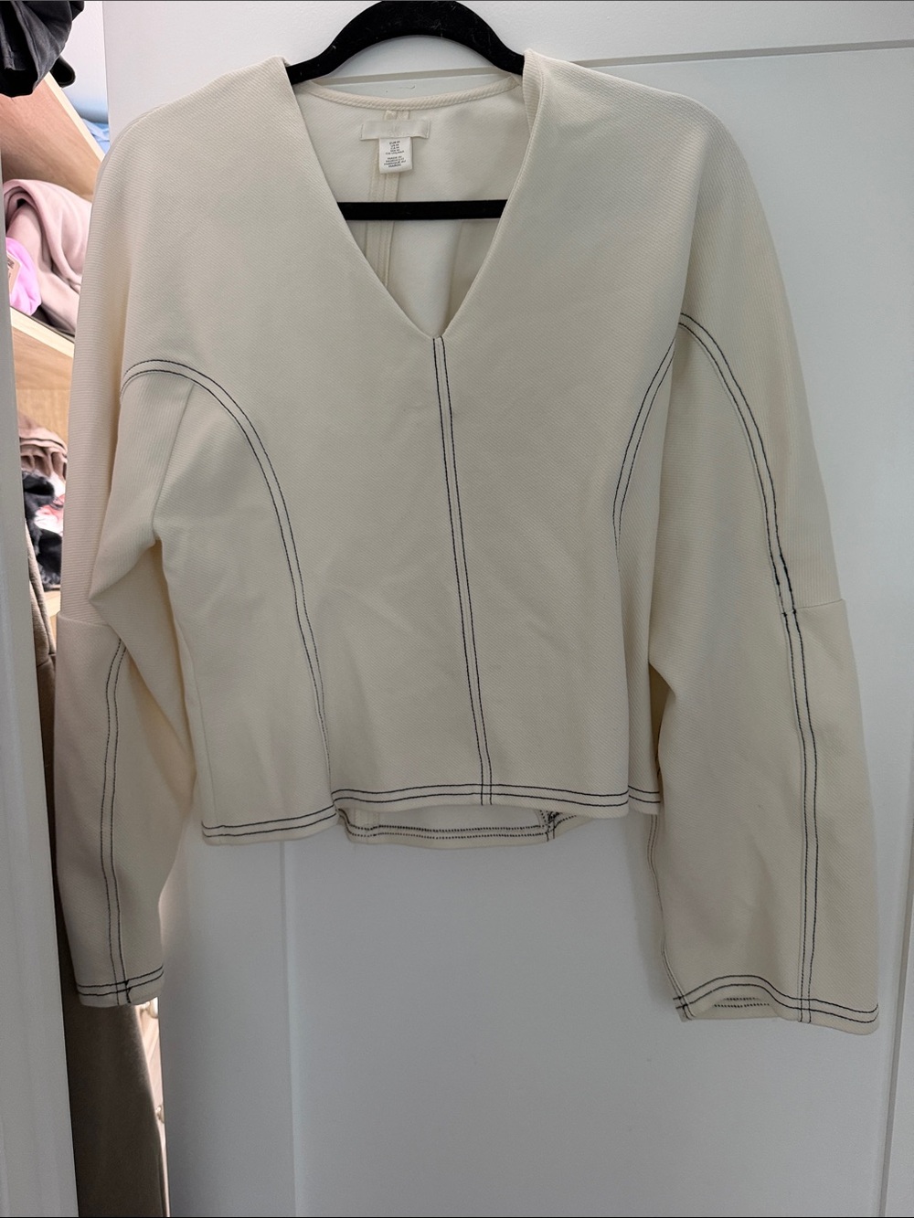 H&M Women’s Cream V-Neck Contrast-Stitch Sweater